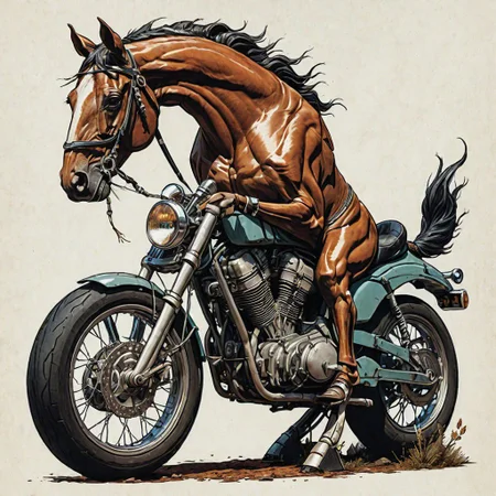 a motorcycle shaped like a horse, color image by Becky Cloonan