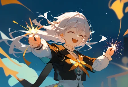 (score_9, score_8_up, score_7_up), 1girl, solo, fireflyhsr, holding sparkler, smile, open mouth, closed eyes, blurry background, outstretched arms, upper body, <lora:firefly-strPO-v2a:0.9>