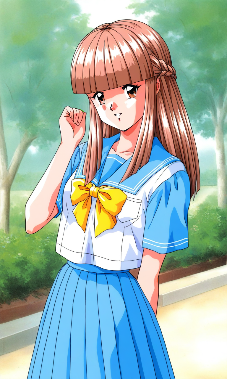general,highres, ultra-detailed,very aesthetic,best quality ,best hands, BREAK <lora:Mikihara_Megumi_Tokimeki_Memorial_IS:1>
Mikihara_Megumi(Tokimeki_Memorial), 1girl, solo, light brown hair, long hair, brown eyes, blunt bangs, braid,
smile, blue serafuku, yellow bow, blue skirt, short sleeves, blue sleeve, pleated skirt, one hand up,
blue sailor collar, parted lips, tree, outdoors, white shirt,
looking at viewer,