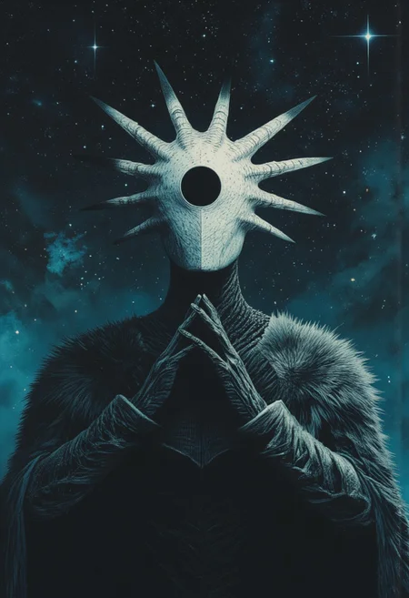 A shadow in the void, her hands hold the sky,
No face, no mercy, just a hollow black eye.
Stars scatter like ashes, caught in her grip,
She’s the end and beginning, the tightening slip.
Faceless goddess, dressed to kill,
A fur-lined queen in a cosmic still.
She births and burns, she turns the tide,
With a universe dying inside.
Her armor whispers, black as the night,
The weight of creation, a terrible might.
Fingers poised to crush what she gave,
A cradle to dust, a galaxy’s grave.
Twinkling stars in the chaos behind,
Colorful daggers in the blackest mind.
A camera’s gaze, locked, divine—
Level with power, destruction entwined.
Faceless goddess, dressed to kill,
A fur-lined queen in a cosmic still.
She births and burns, she turns the tide,
With a universe dying inside.
Wide and sharp, every detail sings,
The dark-turqoise and orange light bends low as the final bell rings.
She holds it close, her masterpiece undone,
A faceless goddess, eclipsing the sun.