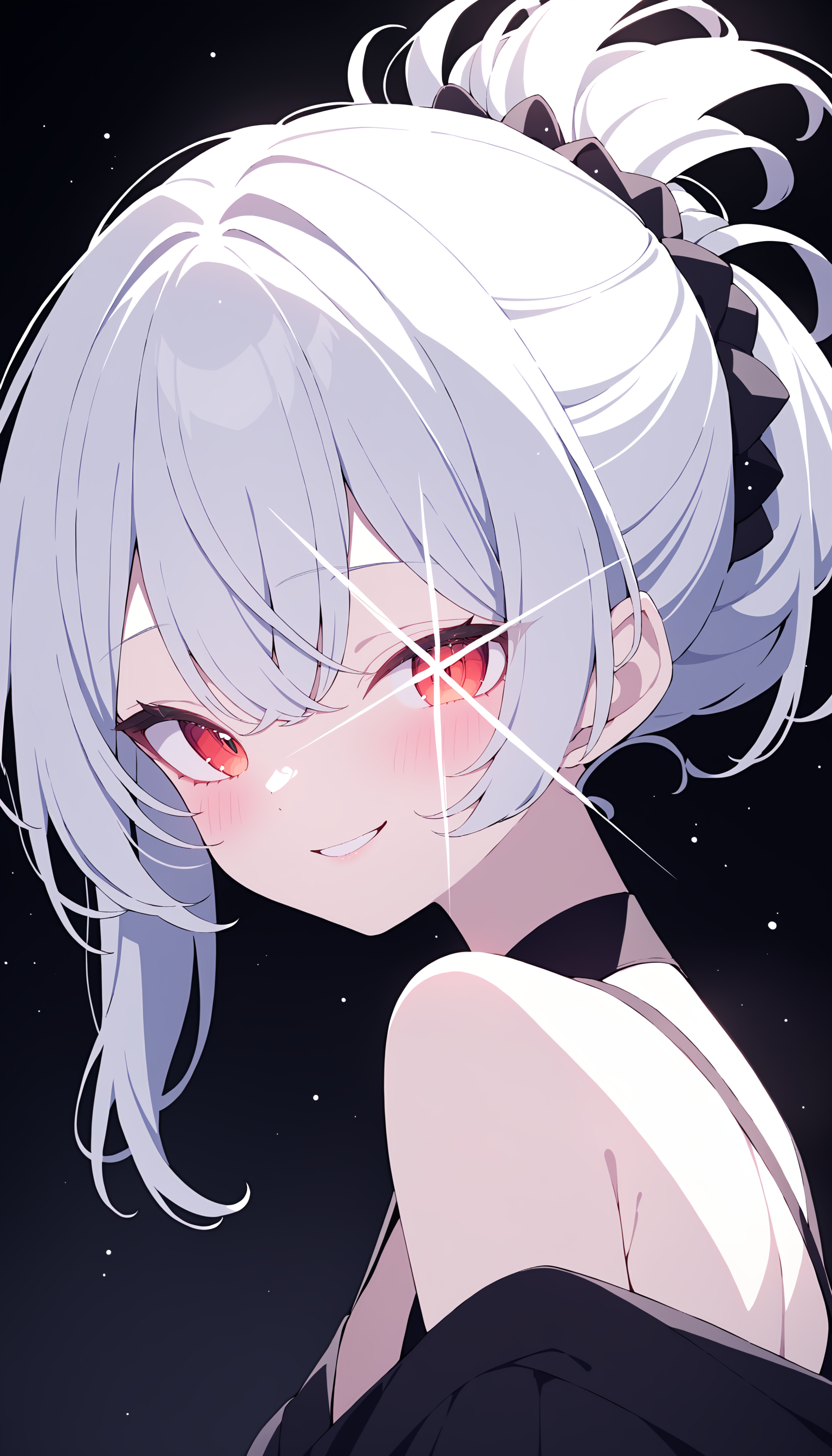 1girl,solo,evil eyes,evil smile,demon girl,folded ponytail,glowing,looking at viewer,black background,light particles,dark,<lora:stareye starlight_XL_bx-v1.02:1>,white stareye,
masterpiece,best quality,great quality,newest,recent,absurdres,mamyouda,