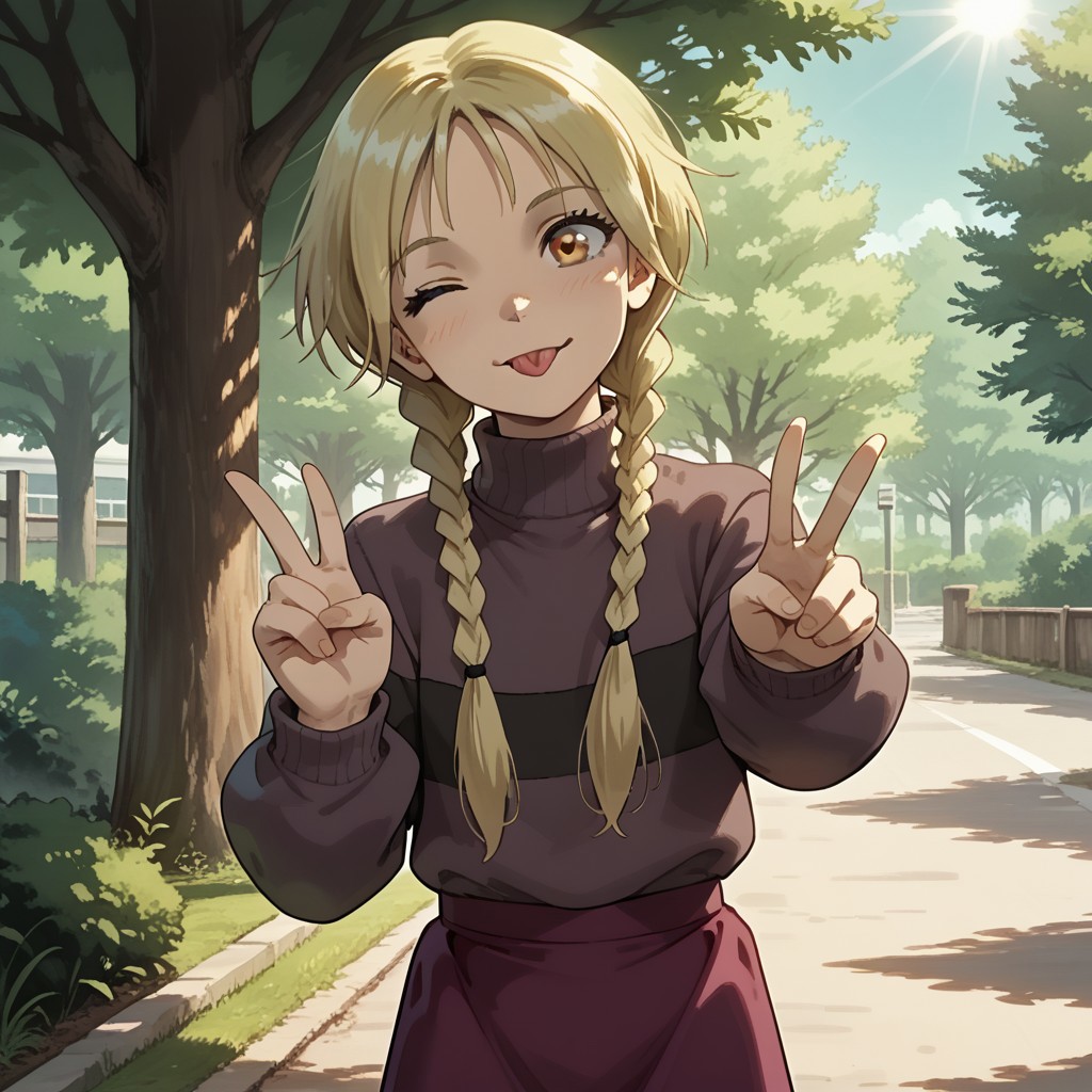score_9, score_8, score_7, break, elyon_b, 1girl, blonde hair, twin braids, grey eyes, sweater, turtleneck, skirt, one eye closed, v, tongue, head tilt, outdoors, tree, shadows, sunlight, natural lighting,