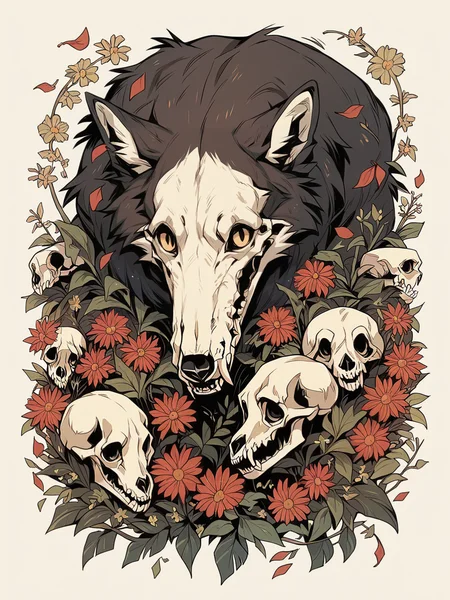 score_9, score_8_up, score_7_up, score_6_up, w00f, simple background, animal focus, wolf,
<lora:w00fXLP:1> flowers, leaves, skull,