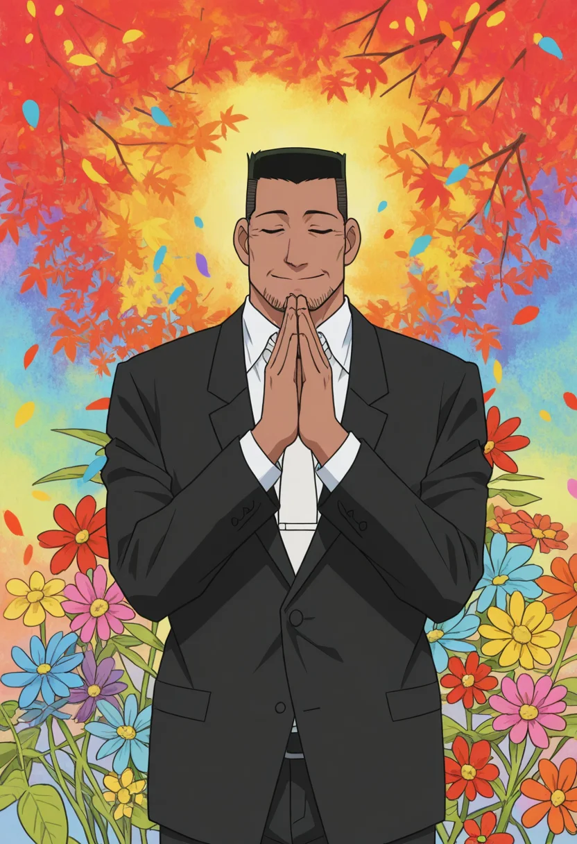 1boy, (upper body:1.5), male focus, head slight down, smile, praying, head tilt, closed eyes,
looking at viewer, hands up, standing, own hands together,
BREAK
<lora:Inspector_Yuminaga_from_Detective_Conan_v1.0:1>
inspectoryuminaga, mature male, stubble, black hair, flattop, anime screencap, dark skin,
BREAK
black suit, white necktie, flower, pedal, multicolored background, colorful, colorful flower, plant, leaf,
falling petals, abstract background, autumn leaves, massive flowers, depth of field, bold colors,
BREAK
very awa, masterpiece, best quality, absurdres, newest, perfect quality, detailed background, intricate details,