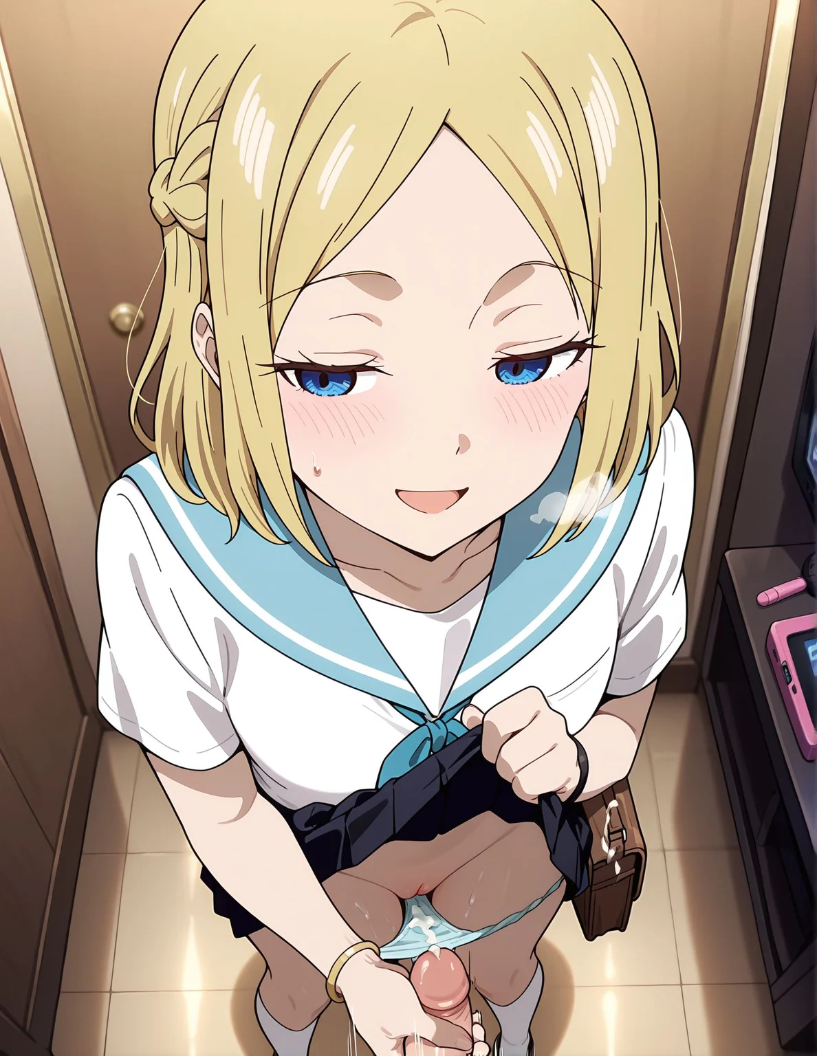 <lora:add-detail-xl:0.5>,,masterpiece,best quality,anime coloring,anime screenshot,
<lora:cum_in_panties:0.7>Cum_in_PantiesV1,
1boy,hetero,penis,cum,pussy,1girl, lifting own clothes,
uncensored,pov,cum in panties,blush, from above,
front view,(hand on penis, male masturbation), standing,
pov hands,pov penis, cumdrip,looking to the side,
motion lines, motion blur, sweatdrop, steam, full body,
cum on body,cum on clothes, penis on panties, handjob,
pov penis,open mouth, heavy breathing, half-closed eyes,
BREAK
karaoke box, indoors,
<lora:Ai HAYASAKA_illustrious-000018:1>,1girl,solo, Ai HAYASAKA,solo,school uniform,skirt,braid,smile,bag,serafuku,sailor collar,pleated skirt,white shirt,shirt,short sleeves,blue sailor collar,blush,blue skirt,standing,bracelet,black skirt,parted bangs,
milf, 20YO,
shirogane Miyuki,
kaguya-sama wa kokurasetai ~tensai-tachi no renai zunousen~ style,
blonde hair male, short hair,