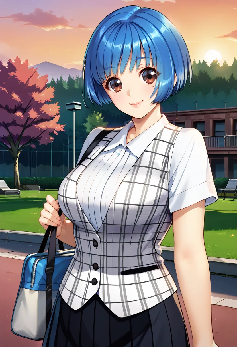 score_9, score_8_up, score_7_up, BREAK  Himachi, 1girl, brown eyes,blue hair,short hair,large breasts,black skirt, white shirt,plaid vest,grey vest,short sleeves, collared shirt,miniskirt, pleated skirt,black skirt, outdoors,sunset,park,standing,looking at viewer,smile,  <lora:HIMT:1>