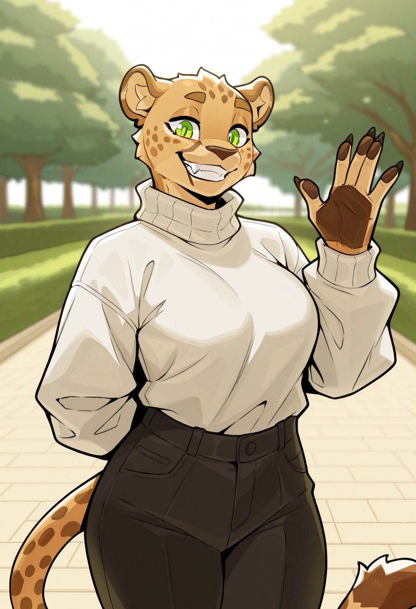 score_9, score_8_up, score_7_up, score_6_up, score_5_up, score_4_up, male, 2d, flat_colors, upper_body, portrait, female, furry, feline, cheetah, rounded ears, green eyes, female, solo, standing, white sweater, black trousers, tucked in top, brown fur, two-toned fur, grin, happy, park, trees, fangs, wave, waving gesture, solo, detailed_fur, body_fur, CeehazStyle style, masterpiece, best quality, amazing quality, very aesthetic, high resolution, ultra-detailed, absurdres, newest, scenery, depth of field, scenery, volumetric lighting, detailed face, detailed body, detailed background, perfect hands, perfect anatomy, masterpiece, high quality, best quality, BREAK, depth of field, detailed fur, photorealistic details, volumetric lighting