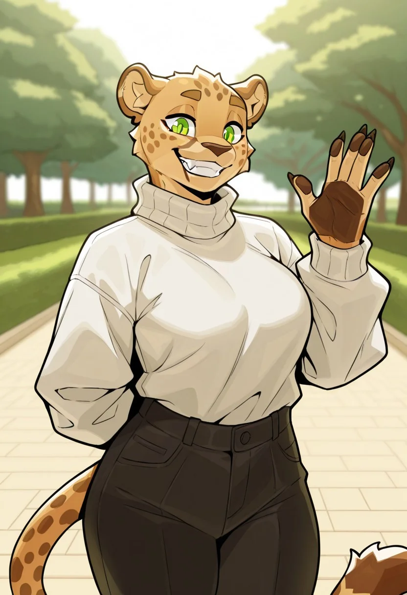 score_9, score_8_up, score_7_up, score_6_up, score_5_up, score_4_up, male, 2d, flat_colors, upper_body, portrait, female, furry, feline, cheetah, rounded ears, green eyes, female, solo, standing, white sweater, black trousers, tucked in top, brown fur, two-toned fur, grin, happy, park, trees, fangs, wave, waving gesture, solo, detailed_fur, body_fur, CeehazStyle style, masterpiece, best quality, amazing quality, very aesthetic, high resolution, ultra-detailed, absurdres, newest, scenery, depth of field, scenery, volumetric lighting, detailed face, detailed body, detailed background, perfect hands, perfect anatomy, masterpiece, high quality, best quality, BREAK, depth of field, detailed fur, photorealistic details, volumetric lighting