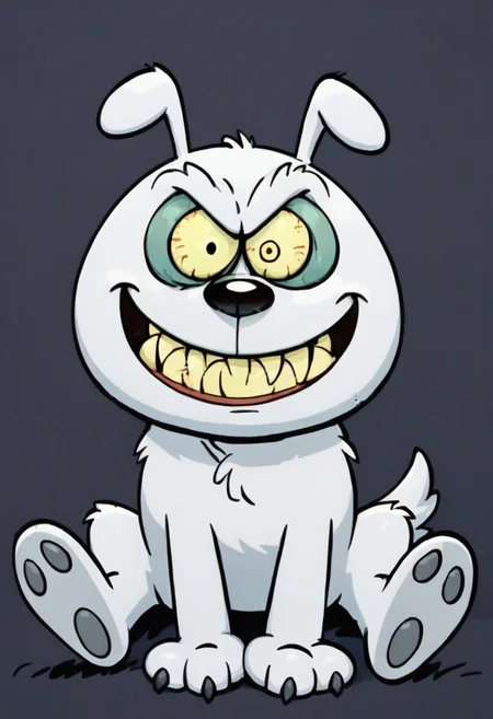 (score_9 | score_8_up | score_7_up) ((masterpiece:1))(best quality,very high quality,ultra detailed:1.2) (2D,cartoon style,anime style)(Smooth:2)(clean blurring) (four fingers on each hand,one thumb on each hand:1), solo, charles, dog, black spot on left eye, white fur, paw, dog paws, runaway brain, monstrous look, angry face, exagerated features, intense eyes, aggressie expression, hunched, menacing, sharp teeth, hunched over, full body