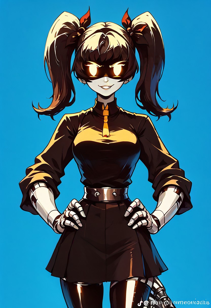 score_9, score_8_up, score_7_up, OverallDetail, BREAK solo, 1girl, solo, Robot, Visor, twin tails, yellow neon eyes, smile, monochrome, big breasts, black suit, yellow shirt, skirt, thigh highs, standing, wide hips, hands in hips, smug, BREAK robotic tail, <lora:V2_Pony_Fantasy_Knights_-_By_HailoKnight:0.95> hkstyle, score_9, score_8_up, score_7_up, simple background, dark and blue background, vibrant colors, colorful, metal skin, chromecore, bright, dark vibes, dark fantasy, monochrome, gradient