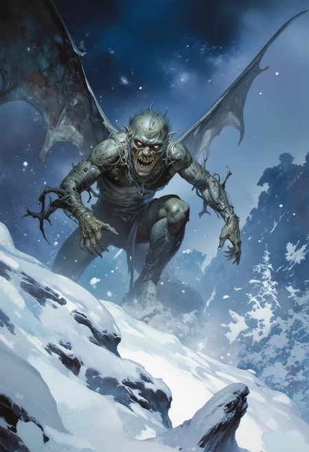 score_9, score_8_up, score_7_up, boris vallejo style, frank frazetta style, 8k high quality digital painting, masterpiece, very detailed, ultra realistic, (best quality) very detailed epic masterpiece, detailed face, a Frankenstein-like zombie monster with big leather wings, stands in a heavy snowstorm and looks over, slightly hunched posture, glowing eyes, very menacing, ragged outfit, difficult to see through the heavy snowstorm, wind blows across the terrain, snow spreads across the ground in large plumes swept, blizzard, scary, frightening, full body, realistic, realism,