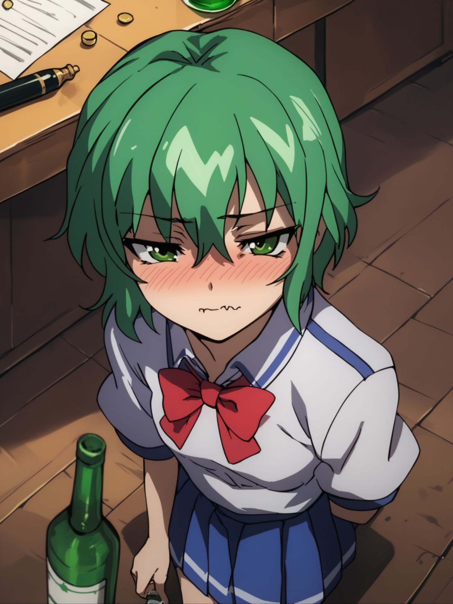 <lora:happy_tentacle-korone-v0.2:1>, ht_korone, school uniform, pleated skirt , 1girl, solo, upper body , , ( (drunk:0.8) , (wavy mouth:0.8) :1.1), , from above , score_9, score_8_up, score_7_up, score_6_up, score_5_up, score_4_up