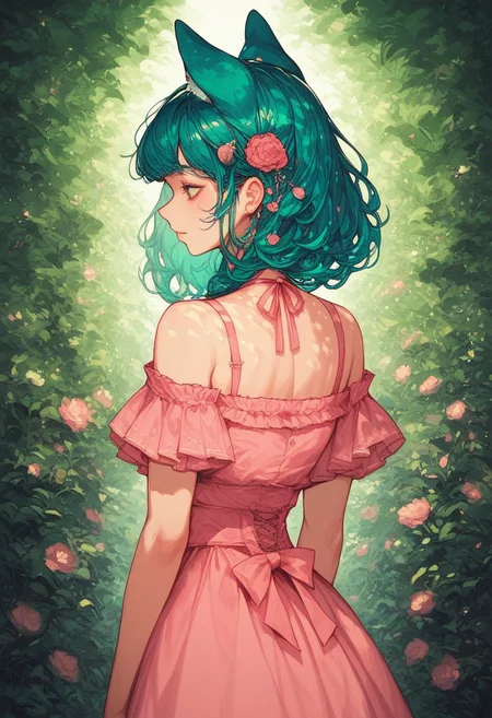 score_9, score_8_up, score_7_up, score_6_up, score_5_up, (art, from behind, (psychedelic), garden, sunlight, dog ears, pink dress, frilled dress, hair ornament, 1girl, shoulder length, teal hair, green streak, blunt bang)