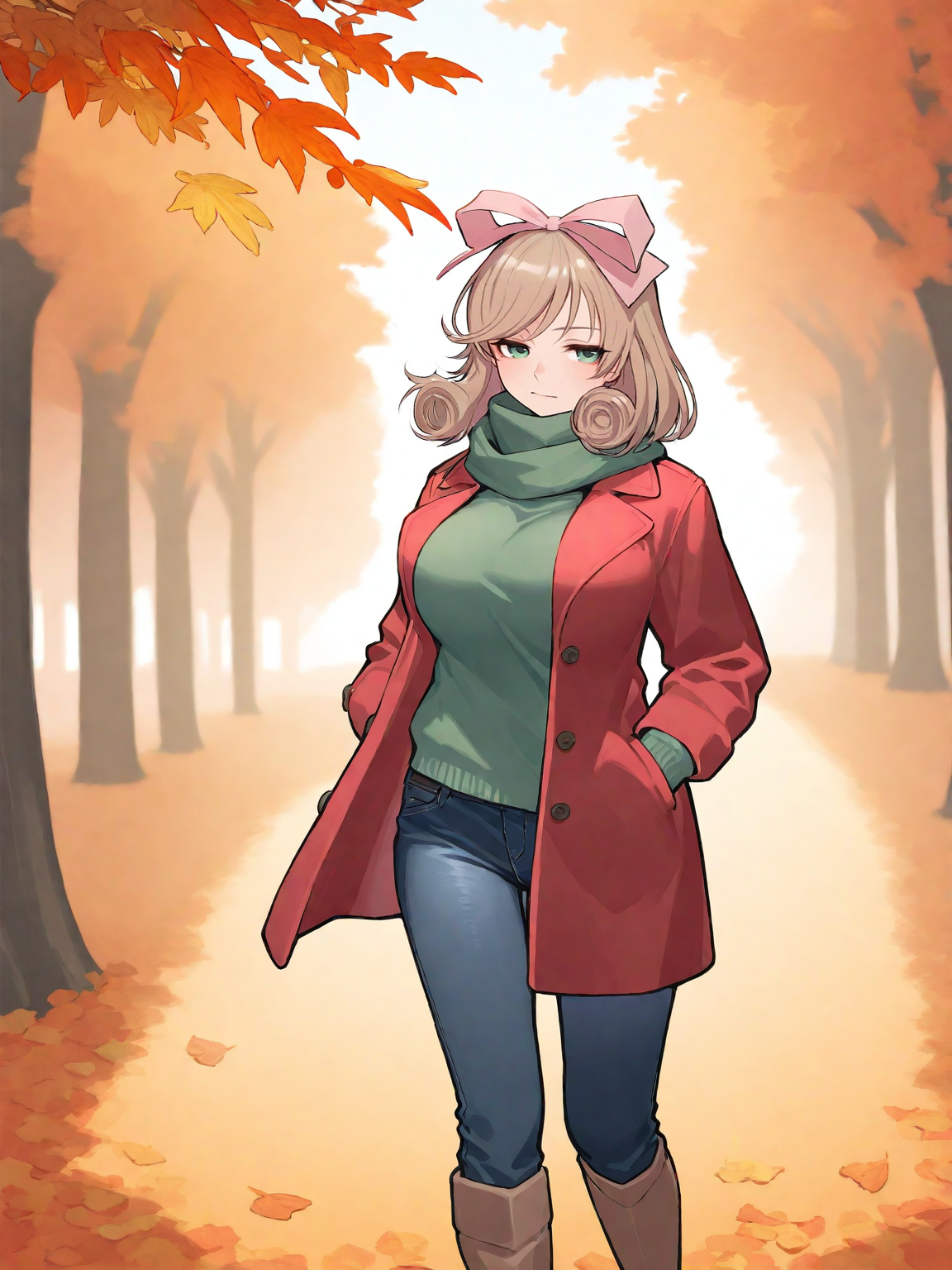 masterpiece, best quality, good quality, masterpiece, best quality, very aesthetic, (tsuvida:0.5)
(solo:1.4), Haruka_IL, light brown hair, short hair, drill hair, hair ribbon, green eyes, large breasts, BREAK, red coat, jeans, green scarf, high boots
hands in pockets, outdoors, autumn, wind, hair fluttering in the wind, trees, orange leaves, flying leaves
<lora:Haruka_IL:1>
<lora:ponyv5_noobE11_1_adamW:0.7>
<lora:ai_styles_collection_noob_vpred-0.6_v3:0.5>