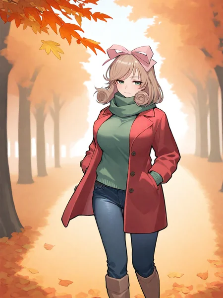 masterpiece, best quality, good quality, masterpiece, best quality, very aesthetic, (tsuvida:0.5)
(solo:1.4), Haruka_IL, light brown hair, short hair, drill hair, hair ribbon, green eyes, large breasts, BREAK, red coat, jeans, green scarf, high boots
hands in pockets, outdoors, autumn, wind, hair fluttering in the wind, trees, orange leaves, flying leaves
<lora:Haruka_IL:1>
<lora:ponyv5_noobE11_1_adamW:0.7>
<lora:ai_styles_collection_noob_vpred-0.6_v3:0.5>