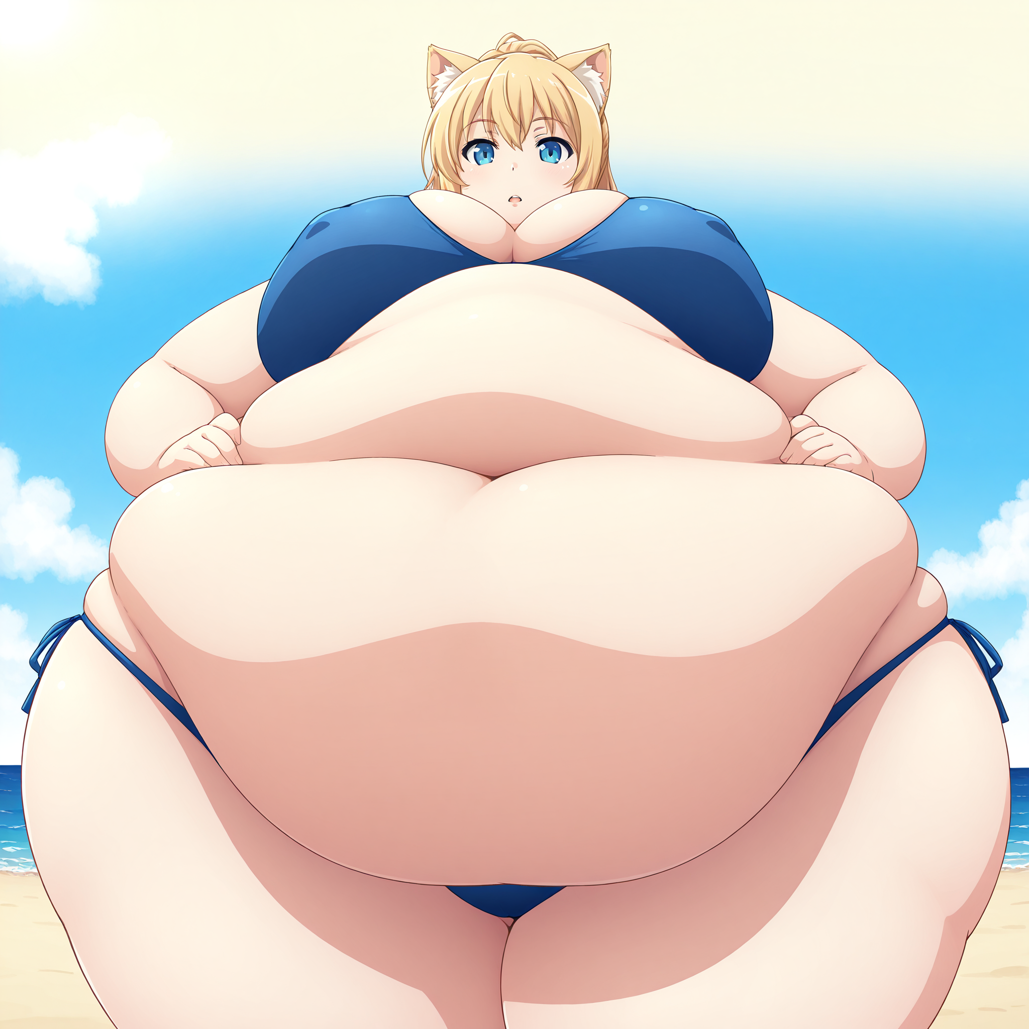 (masterpiece), best quality, (highly detailed), 1female, solo, <lora:Miramiraclerun_style_Illustrious:0.8>, beach, fat, huge belly, big breasts, cat ears, bikini, blonde hair, blue eyes, hands on hips, from below,