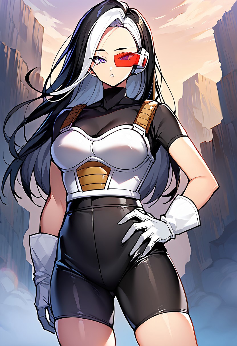 score_9, score_8_up, score_7_up, masterpiece, best quality, highres, 1girl, solo, red tinted eyewear, Saiyan Scouter, Saiyan_Scouter, scouter, saiyan armor, white gloves, anime coloring, anime \(style\), official art,
purple eyes, long hair, black hair, (streaked hair1.1), (white hair:0.8), (hair streaks:1.1), (two-toned hair:1.3), forehead, bare forehead, clear forehead, medium breasts, make up, mole under eye, parted lips, straight hair, mature female,
black bodysuit, bike shorts, skin tight, short shorts,
looking at viewer, cowboy shot, outdoors, single hand on hip,