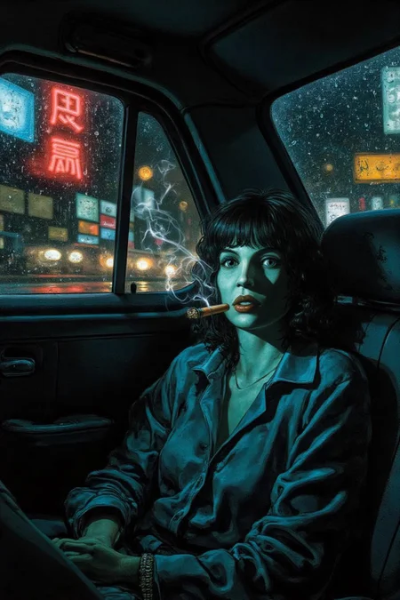 juangimenez1 illustration.
silmas.
A woman in a rumpled silk blouse lounges in a rain-streaked taxi, her reflection fractured in the window like a cubist portrait. Chiaroscuro meets noir cinema: indigo shadows pool in the cab's corners, while neon signage outside bleeds crimson and sulfur-yellow through droplets. Smoke from her cigarillo curls into the humid air, textured like raw silk, its amber ember echoing distant brake lights. A smudged lipstick stain marks the filter; Background is a a mosaic of blurred office windows.
<lora:juangimenez1_cap_d8a4e12:1.0><lora:857681238511646059:0>