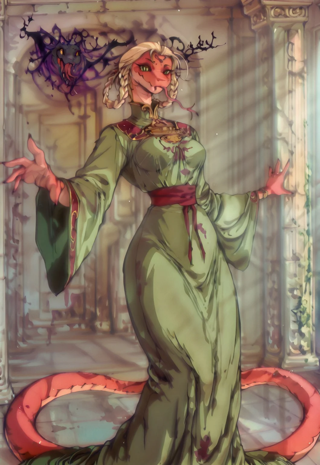 masterpiece,best quality,amazing quality, indoors, pillar
<lora:Anthropomorphic_snakes_Naga:1> anthropomorphic_snakes_(naga),
ry4, blonde hair, braid, green eyes, braided hair rings, mole under mouth, slit pupils, solo
green dress, wide sleeves
smile, forked tongue, long tongue, tongue out, closed mouth, looking at viewer, grin, smug,
black aura, black energy, blood stain, casting spell, dynamic pose, foreshortening,
snake pose, fighting stance, standing,
dynamic pose, menacing, dutch angle, dynamic angle
<lora:Rya:1>, <lora:forkedtongue_Illust_v1:1>, <lora:LoRASnakePoseNoobAIXLvPred:1>, <lora:Chinoiserie_Illu_Style:1> Chinoiserie, no humans, colored skin, fangs, facial mark, slit pupils, furry, colored sclera, black sclera, snake, scales, furry female, multicolored skin, snake girl, alien, lamia, squama, Snakegirl, Chinoiserie, <lora:reptiloids_sdxl_v05_495-15-0:0.4> reptiloid, snake head, rolstyle