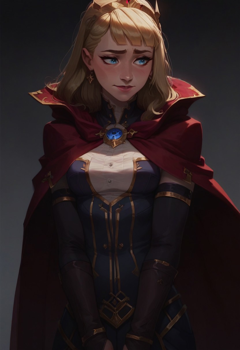 score_9, score_8_up, score_8_up, raw, masterpiece, best quality, perfect anatomy, very aesthetic, absurdres,
perky breasts, 
1girl, solo, cagliosaka,  blonde hair, half-closed eyes, nervous smile, red cape,
rating safe, standing, 
cowboy shot,  
simple grey background, Expressiveh, concept art, realistic, dark theme, low light, arcan3styl3v1,