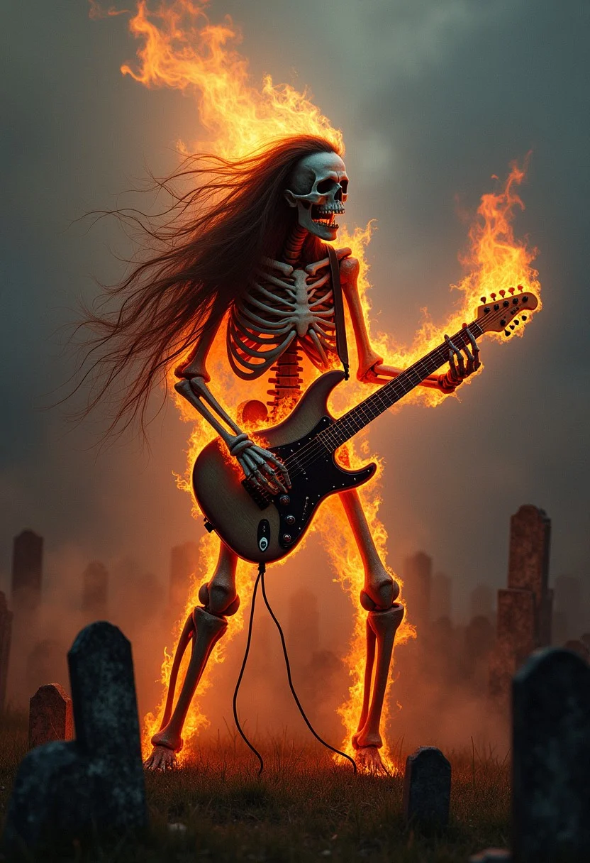 cemetery, graves, burning skeleton, guitar in hands, plays the guitar, burning guitar, screams, long hair, burning hair, rock album cover,