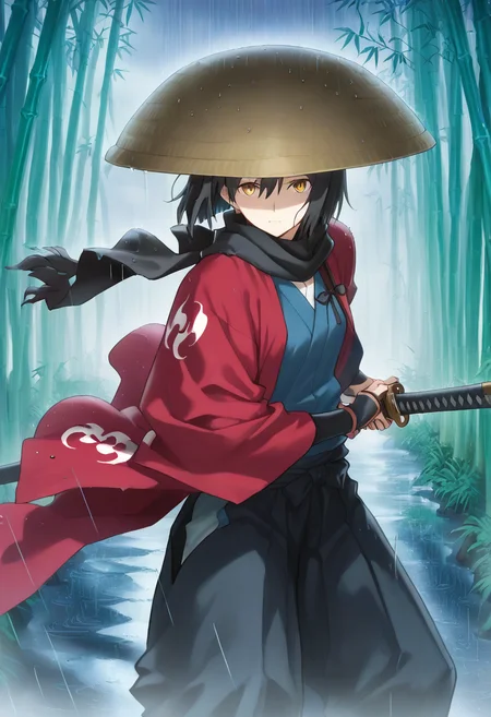 masterpiece, best quality, absurdres, detailed skin, anime colored, anime screencap,
1 girl, long bob cut, Shoulder-length hair, black hair, yellow eyes, hair between eyes, looking at viewer,
<lora:kasa:1>, ((kasa)), large hat, hat covering eyes,
<lora:samurai_armor_pony:1>, samurai, red haori, black scarf,
iaidow,weapon, katana, holding sword, ready to draw, sheathed, unsheathing, scabbard, fighting stance, battoujutsu stance ,<lora:iaido_Illust_v1:0.8>,
heavy rain, bamboo forest,
<lora:Takeuchi_Takashi_PonyXL_style_v01:1>,