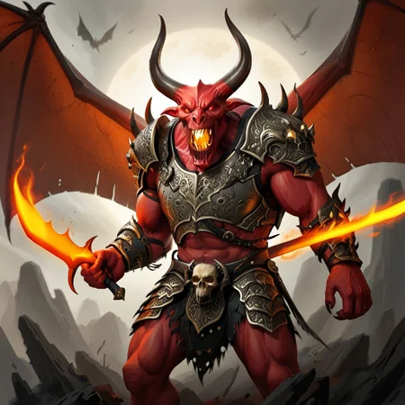 balor, wings, solo, horns, fire, armor, demon, weapon, no humans, red skin, 1boy This image is a highly detailed digital painting of a fantastical, demonic figure. The creature, a demonic warrior, stands in a powerful, dynamic pose, with a menacing expression. Its body is a deep, fiery red, with muscular, imposing physique, and it has a menacing, humanoid form with a mix of human and demonic features. The figure's head is that of a demon, with horns, a snarling mouth, and glowing red eyes.   Its arms are muscular and end in sharp, claw-like hands. The creature wears dark, armor-like shoulder pads on its shoulders, adorned with intricate, glowing patterns that match the fiery aura emanating from it. The armor is black with a hint of dark red, enhancing the fiery theme.  The creature's wings, large and bat-like, are a darker, more muted brown, partially transparent, and seem to be made of a leathery material. Flames and glowing energy swirl around its body, particularly around its wings and hands, adding to the fiery, demonic appearance.  In its right hand, it holds a massive, curved sword with a serrated blade and a handle adorned with skulls, which glows with the same fiery energy as the rest of its body.