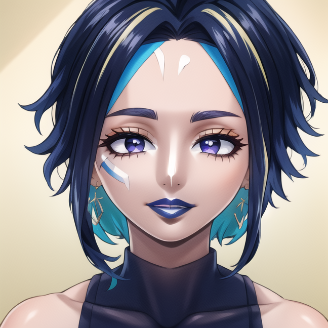 (masterpiece), (high res), 4k, ((best quality)), beautiful face, detailed face, ultra-detailed, upright,  ((((head shot, face focus, lip focus, close up face shot))), open eyes, (looking at viewer, facing viewer)), 1girl, solo, white background, neon glow, yellow gradient hair, orange highlights, hoop earrings, dark-skinned female, tattoo, colored skin, bright makeup, female, BREAK,  (yamanba, white facepaint makeup:1.3), face stickers, large smile, dark blue lips, parted lips,very dark skin, green eyeshadow, heavy eyeshadow, makeup,dark bronze skin, white face tattoo, (<lora:nagant:.8> 1girl, short hair, neon green hair, multicolored hair, purple eyes,) plump lips, wide lips, ((<lora:ColoredLipstick:1> (lipstick, glossy lips, dark blue lipstick))), bimbo lips, <lora:horikoshi_kouhei-000030:.5> horikoshi kouhei, <lora:big_hair-1.0:1> big hair,  <lora:Kuroko:.8>