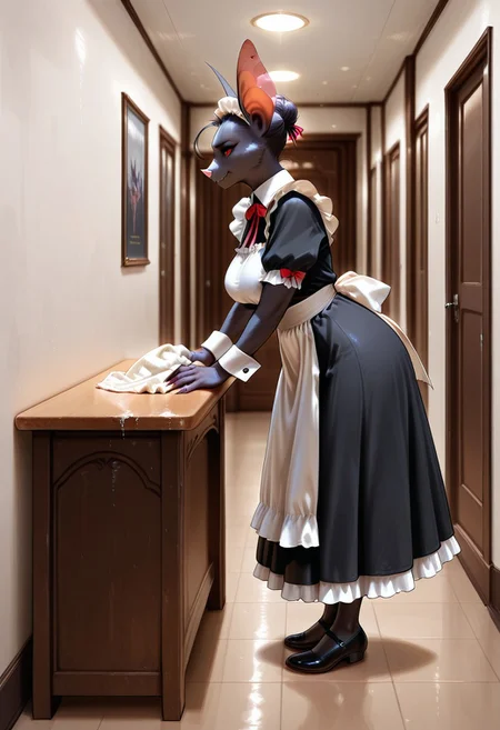 lazympos, AnthroBat,
1girl, maid, standing, cleaning table, in hallway, from side