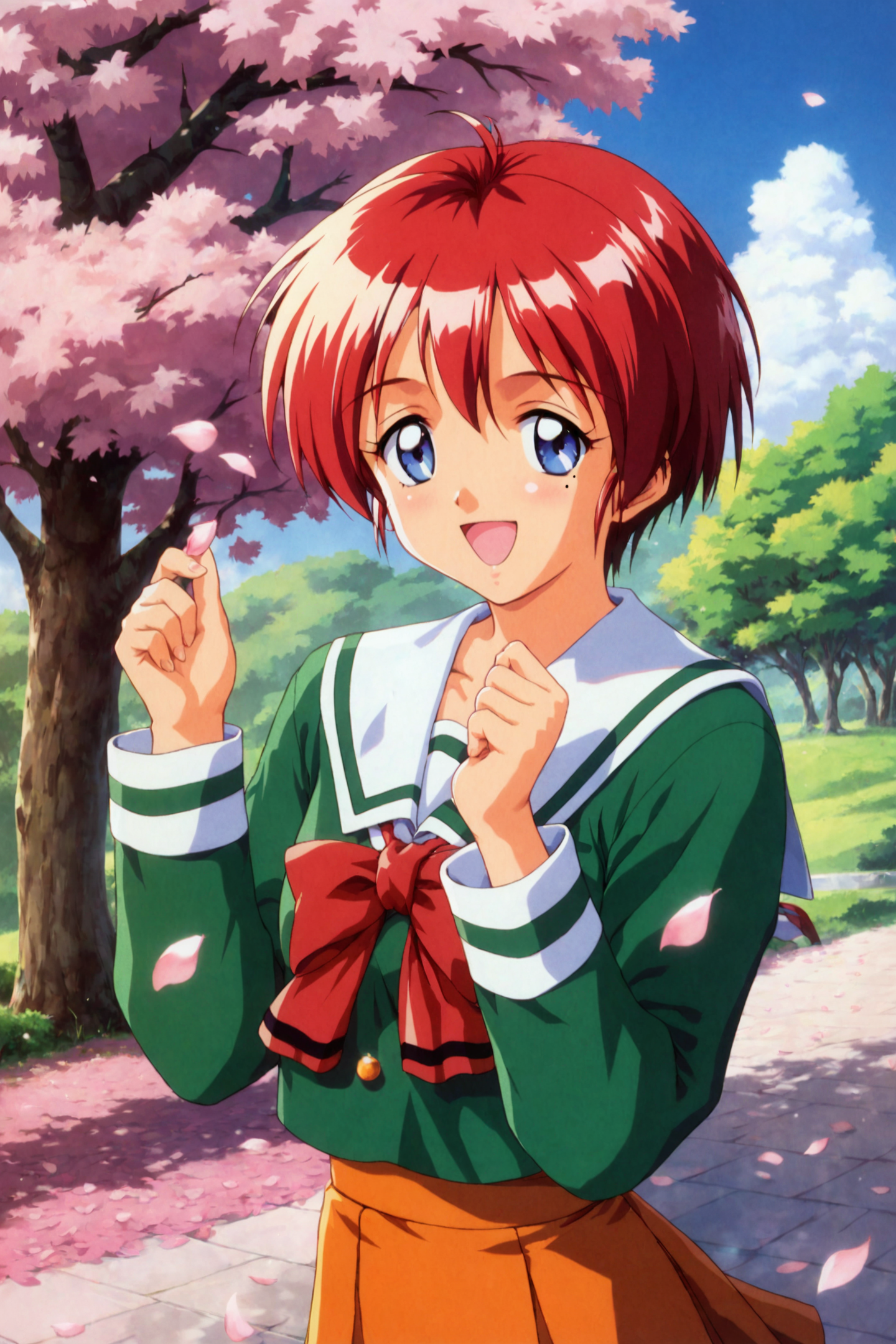 score_9,score_8_up,score_7_up,masterpiece,best quality,
Hinomoto Hikari,1girl,mole under eye,mole,solo,1990s \(style\),school uniform,retro artstyle,red hair,orange skirt,cherry blossoms,short hair,blue eyes,open mouth,smile,shirt,long sleeves,white sailor collar,green shirt,red bow,;d,petals,tree,
<lora:Tokimeki Memorial 2_XL_PONY:0.8>,