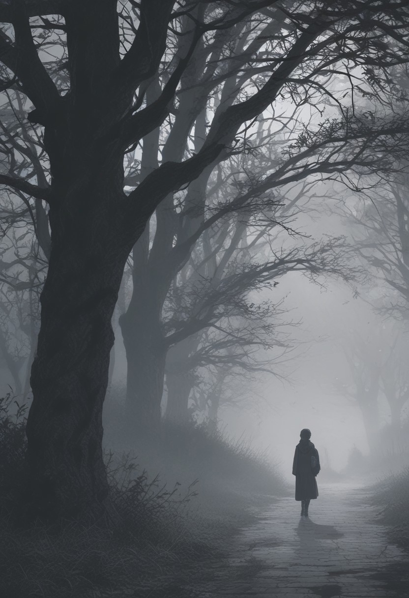 scenery, outdoor, masterpiece, best quality, ultra-detailed, (anime style), hires, dark fantasy, eerie atmosphere, uncultivated, loneliness, thriller theme, fog
