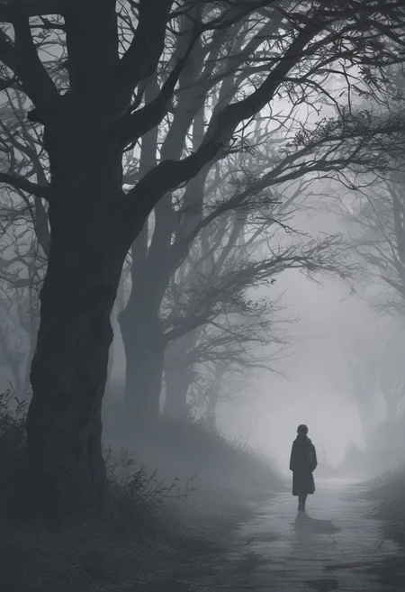 scenery, outdoor, masterpiece, best quality, ultra-detailed, (anime style), hires, dark fantasy, eerie atmosphere, uncultivated, loneliness, thriller theme, fog