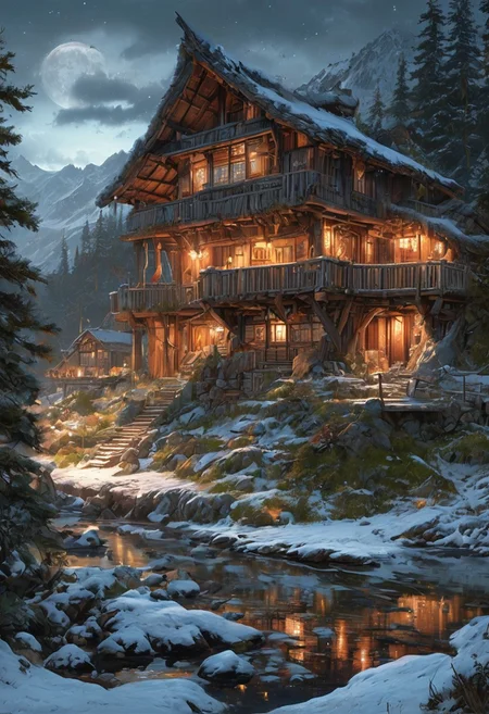A captivating night scene illustration featuring a grand WOODEN one story viking longhouse with a great thatched roof standing tall on a large snowy hill overlooking a lake. The beautiful viking longhouse adorned with some windows, emits a warm glow, highlighting its incredible craftsmanship. The snowy  hill is covered in great pine trees, reflecting on the calm, moonlit snow  that mirrors the silvery moonlight. The full moon graces the sky, casting an ethereal glow on the clouds and mountain, while wispy clouds partially obscure its brilliance, adding to the scene's mystique. Twinkling stars dot the sky, creating a celestial tapestry that harmonizes with the moon's radiance. This enchanting artwork captures a serene and peaceful night, where the illuminated WOODEN viking longhouse stands resolute amidst the celestial beauty, creating a cinematic experience., illustration, cinematic
<lora:DonM3t3rn1tyXL-v1.1:0.7>, DonM3t3rn1tyXL,
OverallDetailXL  <lora:MJ52:0.3>  <lora:SDXLFaeTastic2400:0.4>  <lora:EpicF4nta5yXL:0.7>