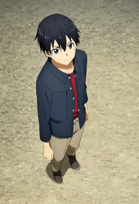 high resolution, solo, best quality, 1Boy, Kazuto Kirigaya, Black Hair, Black Eyes, casual, seen from above, gangster, dominant, intimidate, OverallDetail
