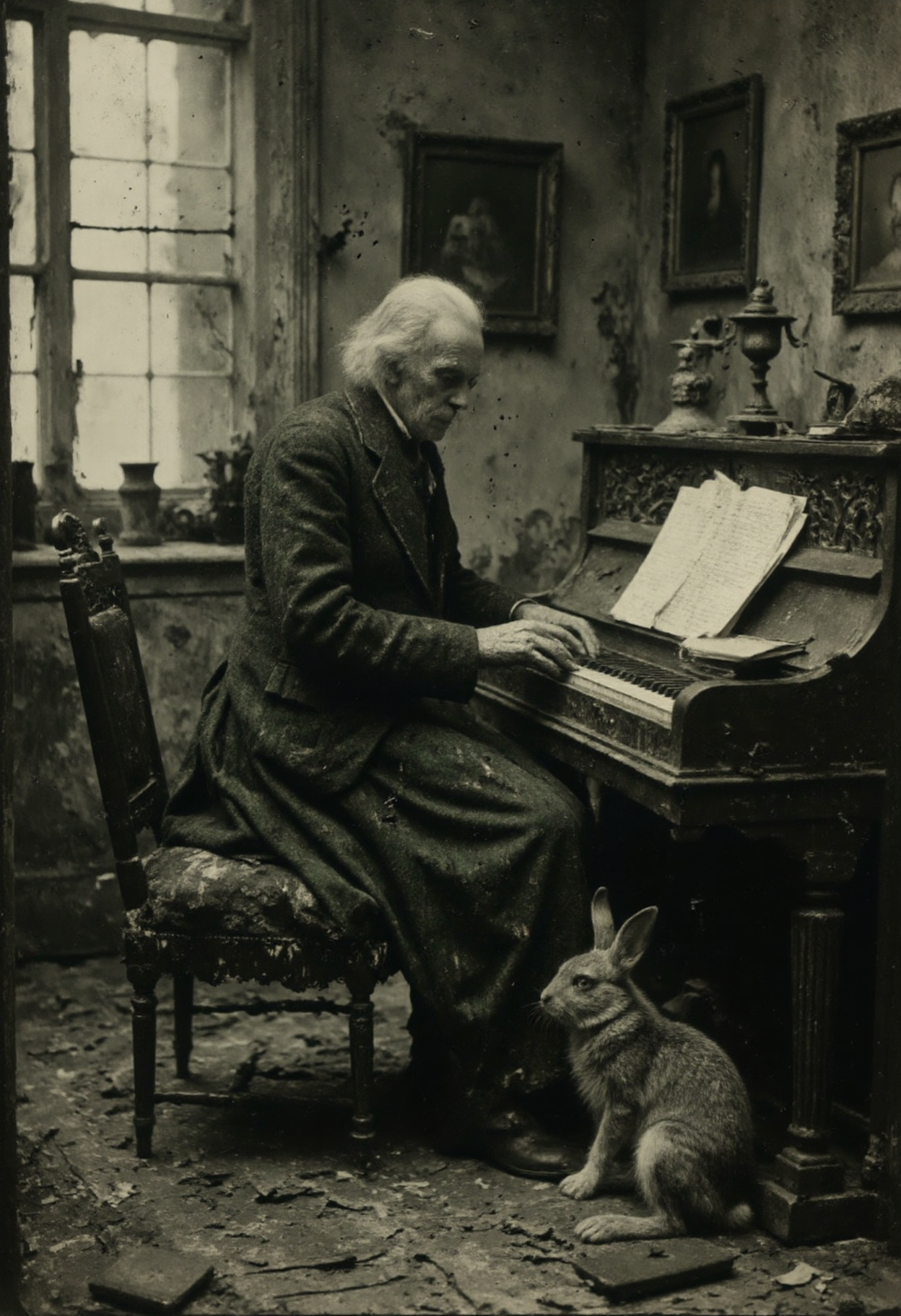 a old ((monster)) composer is sitting behind piano. he is wearing a old tattered dark green-black tuxedo. old haunted hause shack, he has a (demonic) evil rabbit like pet sitting on the floor , ,, , dark_fantasy, horror , (nightmare fuel)