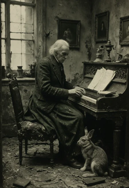 a old ((monster)) composer is sitting behind piano. he is wearing a old tattered dark green-black tuxedo. old haunted hause shack, he has a (demonic) evil rabbit like pet sitting on the floor , ,, , dark_fantasy, horror , (nightmare fuel)