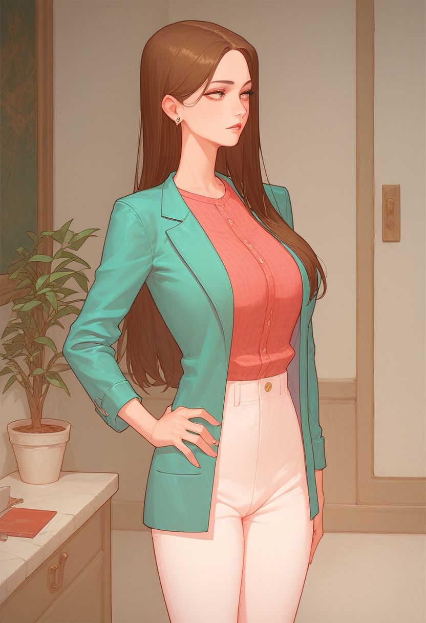 Score_9_up, score_8_up, score_7_up, solo, 1girl, rubysn, brown hair, long hair, jacket, shirt, pants, hand on hip, Expressiveh