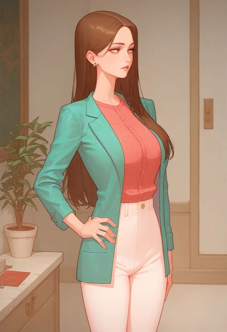 Score_9_up, score_8_up, score_7_up, solo, 1girl, rubysn, brown hair, long hair, jacket, shirt, pants, hand on hip, Expressiveh