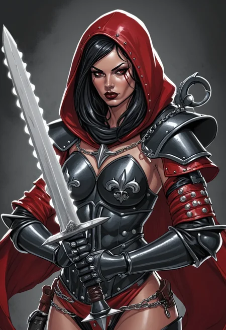 (Digital illustration), sexy sister repentia, skimpy black and red armor, hood, holding chainsword, dynamic composition, comic book \(style\), bold lines, dramatic shading, red splashes, line art, limited color palette, extremely detailed,
<lora:Sisters-of-Battle-subset-000004:1>