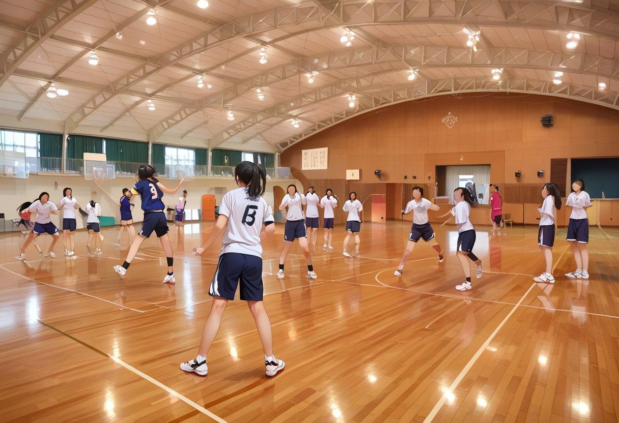 score_9, score_8_up, score_7_up, rating_safe, masterpiece, best quality, absurdres, unity 8k wallpaper, official art, official style, source_anime, uncensored, game cg, megami magazine,
taiikukan, indoors, sportswear, multiple girls, indoors, photo background, shorts, ball, 6+girls, ceiling light, black hair, ceiling, stage, wooden floor, gym uniform, sportswear, 
 <lora:gakkou_taiikukan_PONY_V1:1>
