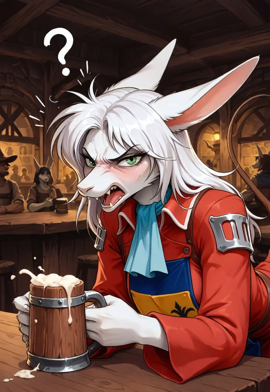 masterpiece, best quality, absurdres, zodikki1, kurumada eyes, kurumada hair, freyac, white fur, white hair, green eyes, brown tail, ascot, holding tankard, red dragoon coat, dragoon tabard, mouth open, angry, looking at viewer, solo, 1girl, ?, drunk, eyes half closed, ears back, hunched forward, leaning forward, upper body focus, ears,
BREAK, tavern background, tavern, bar, pub, leaning on table, detailed background, dark background, crowd,