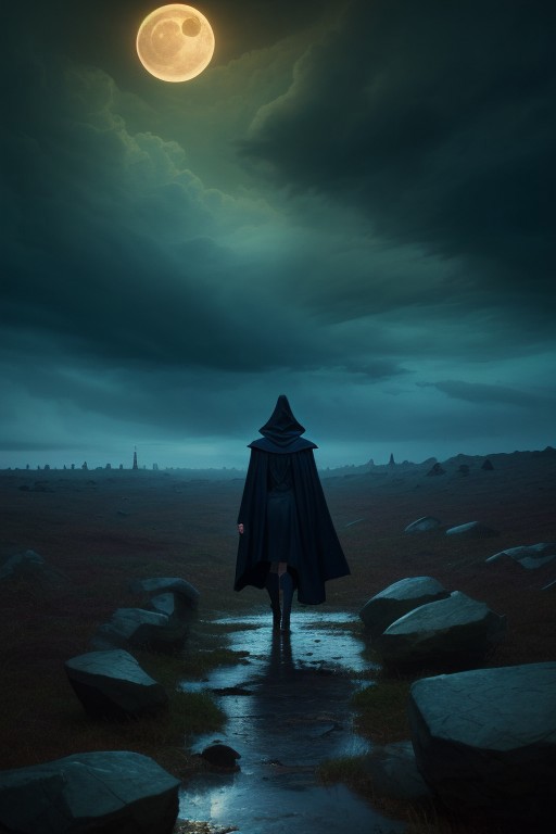 (ultra high res:1.4), (masterpiece), (beautiful lighting:1.4) , raw movie poster, (masterpiece, best quality:1.5), atmospheric and moody weather, sky partially obscured by dark swirling clouds, desolate heath at twilight, with storm clouds swirling overhead, ground is rough and muddy, scattered with jagged rocks, in the dim light, you see a shadowy figure standing in a dark tattered cloak, ral-ertmsphr otclillsn carcosa city, cybersecurity meme, data flows, dynamic movement, bleaked red and black, a Vintage casual goddess inside of circle, looking curious, By Yoji Shinkawamysterious silhouette, dramatic lighting, ominous atmosphere, in the style of gothic art, visually captivating composition, incorporating the moonlight to create a hauntingly beautiful ambiance, contrasting shadows, extremely detailed