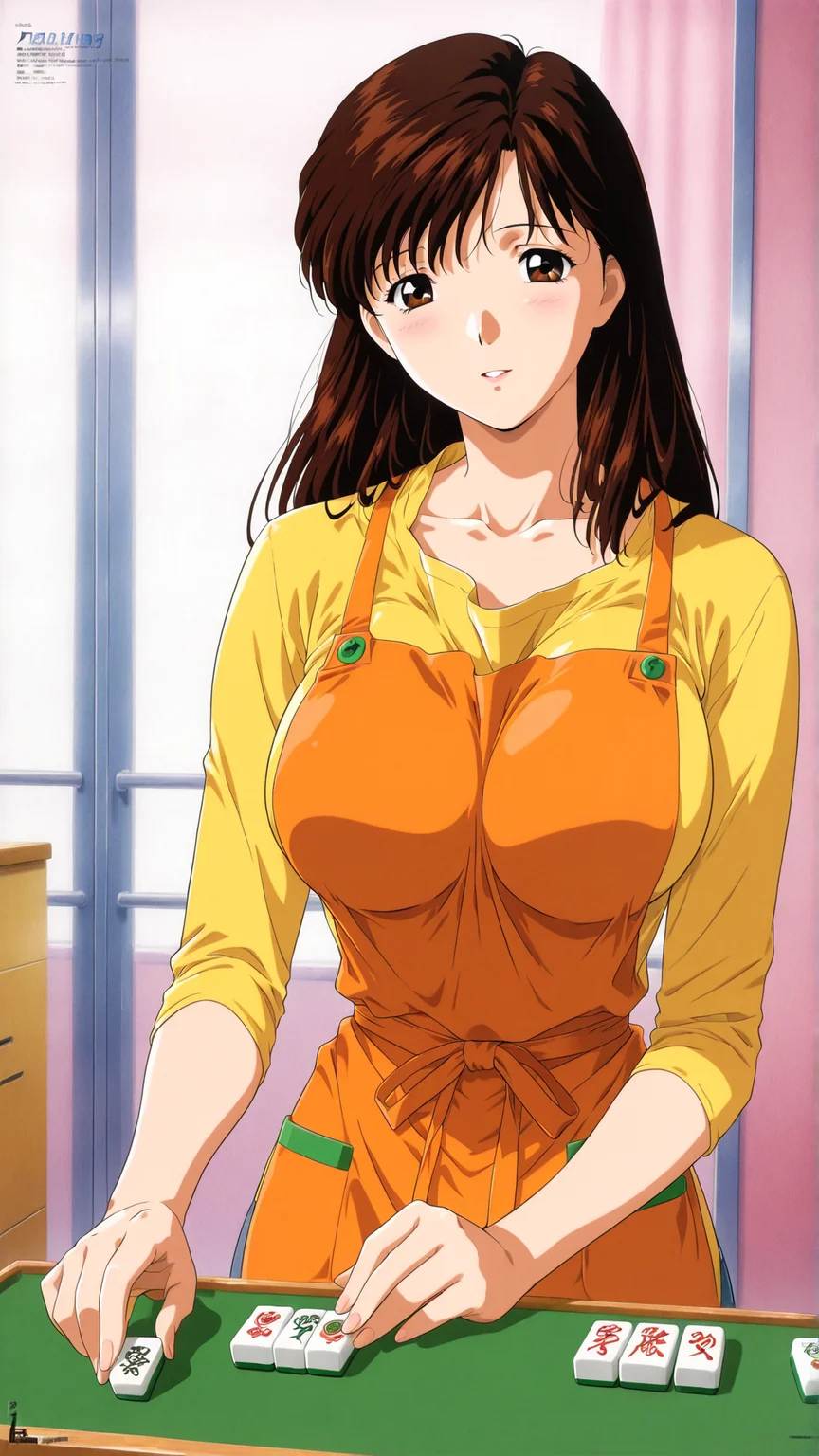 masterpiece, best quality, anime coloring, room, mahjong, mahjong tile,
1girl,solo, mahjong tile,
<lora:Mari-Kurihara_lL_v01:1> mari-kurihara, brown hair, long hair, large breasts, brown eyes, bangs,yellow shirt, orange apron