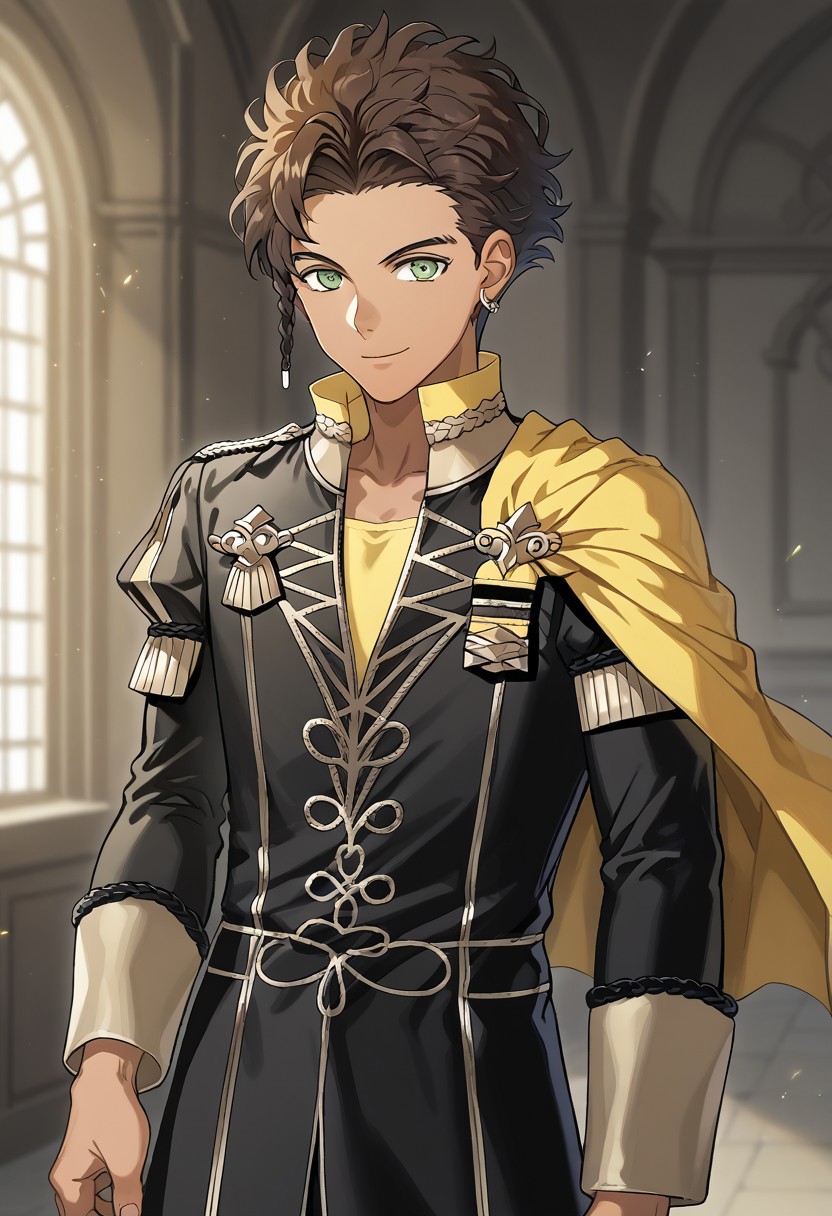masterpiece,best quality,amazing quality, source_anime,
ClaudeVonRiegan, 1boy, male focus, solo, green eyes, brown hair, dark-skinned male, side braid, jewelry, earrings, garreg mach monastery uniform, shirt, yellow shirt, coat, black coat, high collar, epaulettes, side cape, yellow cape, pants, black pants, smile,