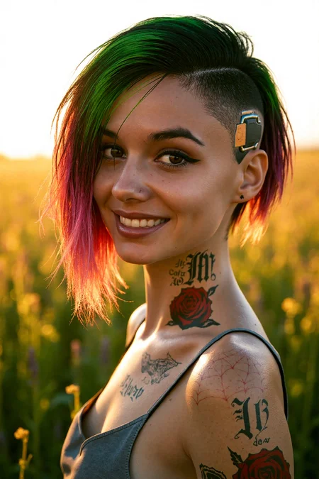 A captivating close-up of an 18-year-old judy alvarez, her radiant beauty set against the natural splendor of an open field bathed in the soft, golden light of late afternoon. Her bold and unique appearance draws immediate attention: her asymmetrical undercut hairstyle, featuring dark green and deep magenta hues, transitions seamlessly between vibrant shades, the longer strands catching the sunlight as it filters through the swaying grasses. The gentle breeze adds movement to her hair, creating an interplay of colors and textures that frames her youthful face perfectly.
Her piercing hazel eyes, vivid and expressive, lock with the viewer's gaze, their intensity mirrored by the richness of the surrounding landscape. The sunlight enhances their depth, highlighting subtle flecks of color and adding a captivating sparkle. Her flawless golden-toned skin glows with a natural radiance, kissed by the soft light. The fine texture of her skin is evident in every pore and delicate contour, with subtle rain-soaked remnants glinting faintly. A light, natural smile curves her lips, radiating warmth and quiet charm, making her approachable and mesmerizing all at once.
Her tattoos, vivid and artistic, add a distinctive edge to her natural beauty. Intricate red roses climb gracefully along her neck and shoulders, blending harmoniously with abstract web-like designs on her arms. The tattoos are faintly kissed by the golden light, adding a nuanced layer of depth and personality to her striking appearance.
Behind her, the field stretches endlessly, a sea of tall grasses and vibrant wildflowers gently swaying in the breeze. The blurred background is a tapestry of greens, yellows, and earthy tones, creating a serene and dreamy atmosphere that perfectly complements her luminous presence. The golden sunlight bathes the scene, casting a warm glow across the landscape and lending the entire image a cinematic quality.
The interplay of light and shadow on her face, hair, and tattoos creates a sense of depth and dimension, emphasizing her every feature. The fine art photography style is brought to life with Fujicolor Superia X-TRA 400 film, adding its signature warm tones and subtle grain. The slight texture of the film enhances the timeless quality of the moment, making it feel both nostalgic and vividly real.
The gentle wind carries the scent of wildflowers and fresh grass, adding an almost tactile sense of serenity to the scene. Her light smile and confident gaze radiate a sense of connection and ease, transforming this portrait into a celebration of individuality, natural beauty, and the breathtaking harmony of human and nature. <lora:Judy_Alvarez_Rank_1_FAST_4x_GPU-000040:1.1>