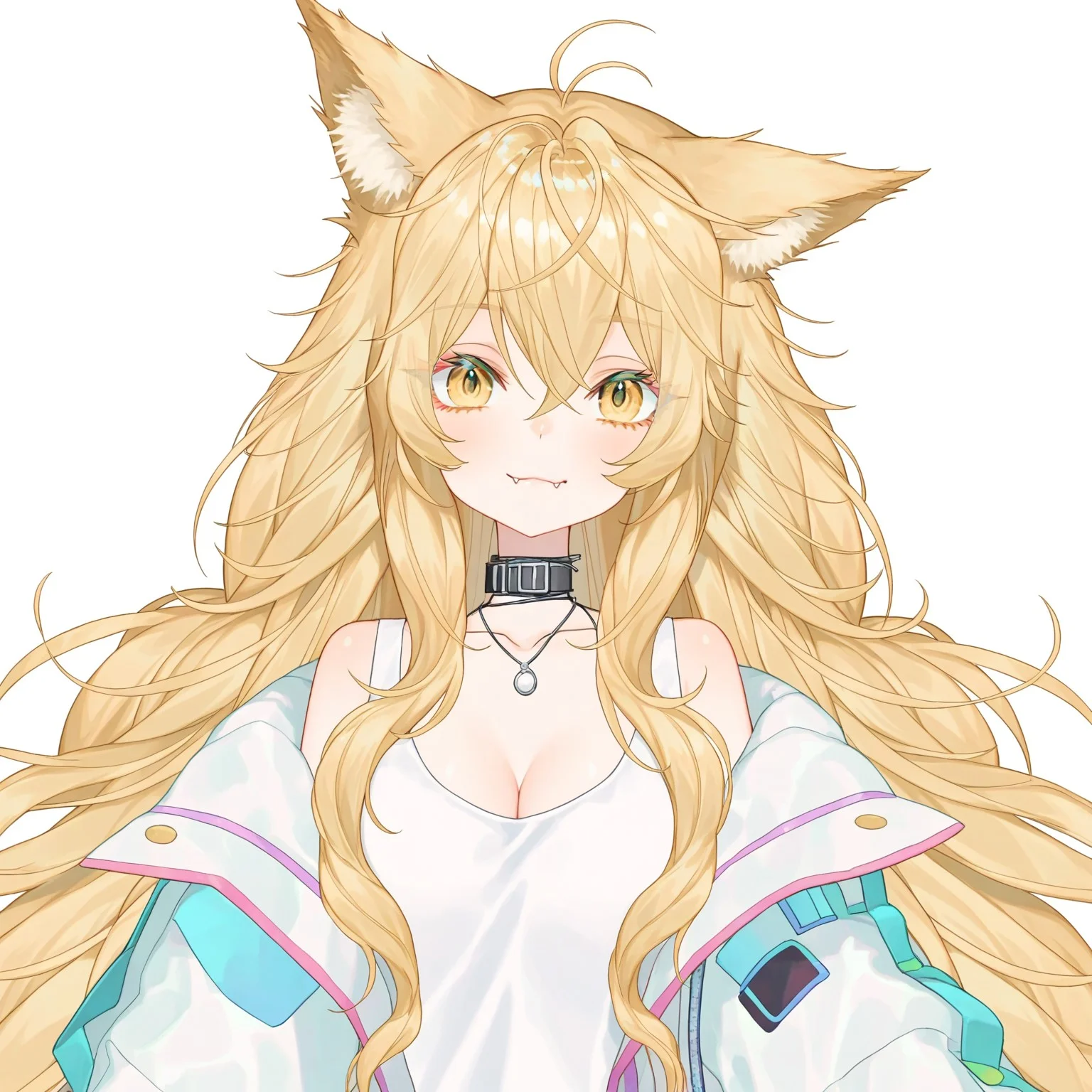 safe_pos, score_9, score_8_up, score_7_up, score_6_up, anime, beautiful, stunning, masterpiece, best quality, amazing quality,
CakeCatVT, CakeCatVT costume1, 1girl, animal ears, long hair, solo, blonde hair, jacket, yellow eyes, upper body, off shoulder, looking at viewer, hair between eyes, animal ear fluff, breasts, fang, open clothes, bare shoulders, open jacket, cleavage, tank top, messy hair, closed mouth, black collar, very long hair, fang out, jewelry, necklace, collarbone, smile, white shirt
simple background, white background,