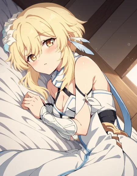 score_9, score_8_up, score_7_up, source_anime,
genshinlumine, <lora:genshin-lumine-2024-short-ponyxl-lora-nochekaiser:1>,
lumine, bangs, blonde hair, hair ornament, hair between eyes, yellow eyes, flower, hair flower, feather hair ornament,
dress, bare shoulders, detached sleeves, scarf, white dress, white footwear, cleavage, detached collar,
indoors, bed, bed room, on side, blush, drunk,
looking at viewer, solo, dutch angle, cowboy shot,