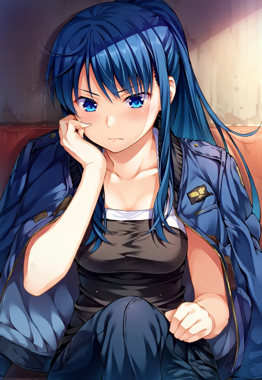 score_9, score_8, score_7, source_anime, kusakabe asako, ponytail, tank top, pants, sitting, jacket, upper body, jacket on shoulders, black shirt, closed mouth, denim, blush