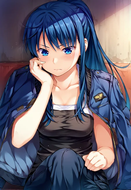 score_9, score_8, score_7, source_anime, kusakabe asako, ponytail, tank top, pants, sitting, jacket, upper body, jacket on shoulders, black shirt, closed mouth, denim, blush