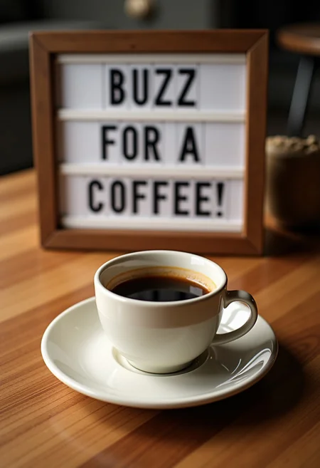 A single coffee on a dinner plate on a table, with a sign next to it saying text ''Buzz For A Coffee!'' cinematic shot,